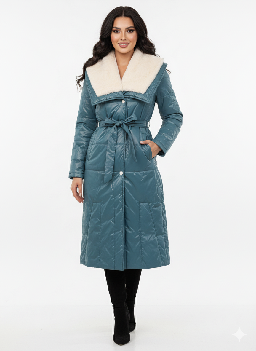 Long Belted Puffer Coat | Faux Fur Collar & Hooded