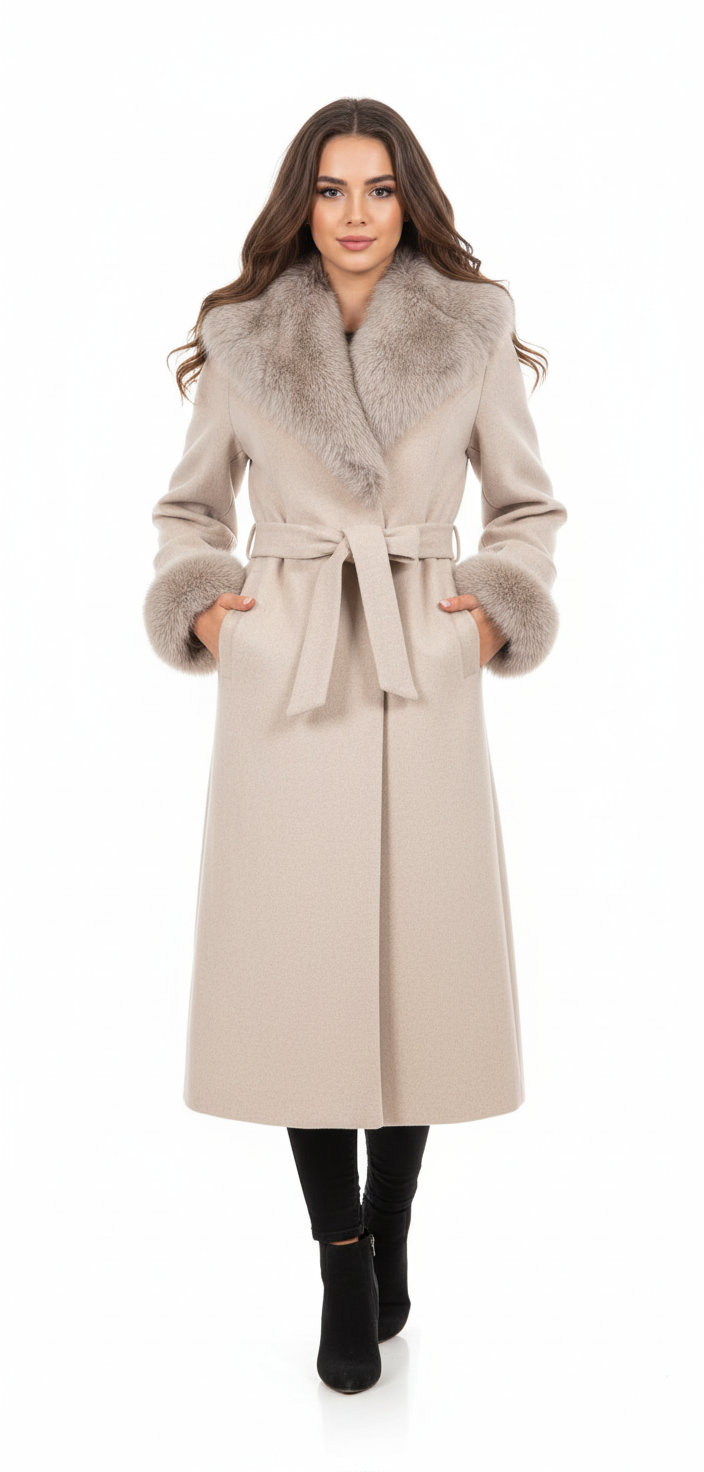 Elegant Faux Fur Trim Coat | Belted Long Winter Jacket