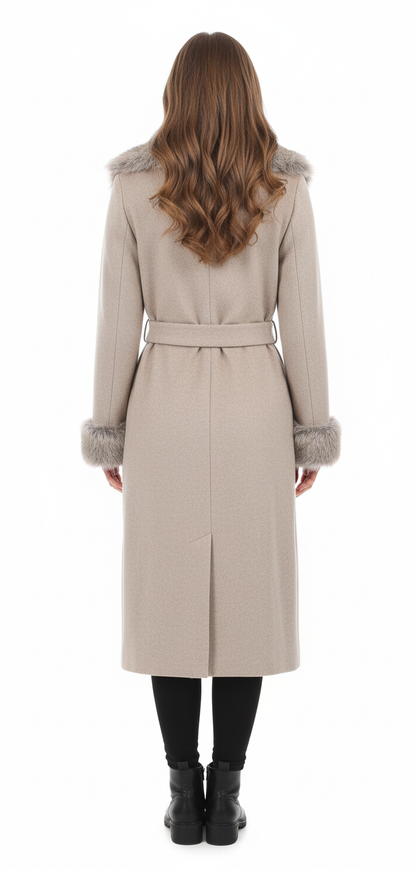 Elegant Faux Fur Trim Coat | Belted Long Winter Jacket