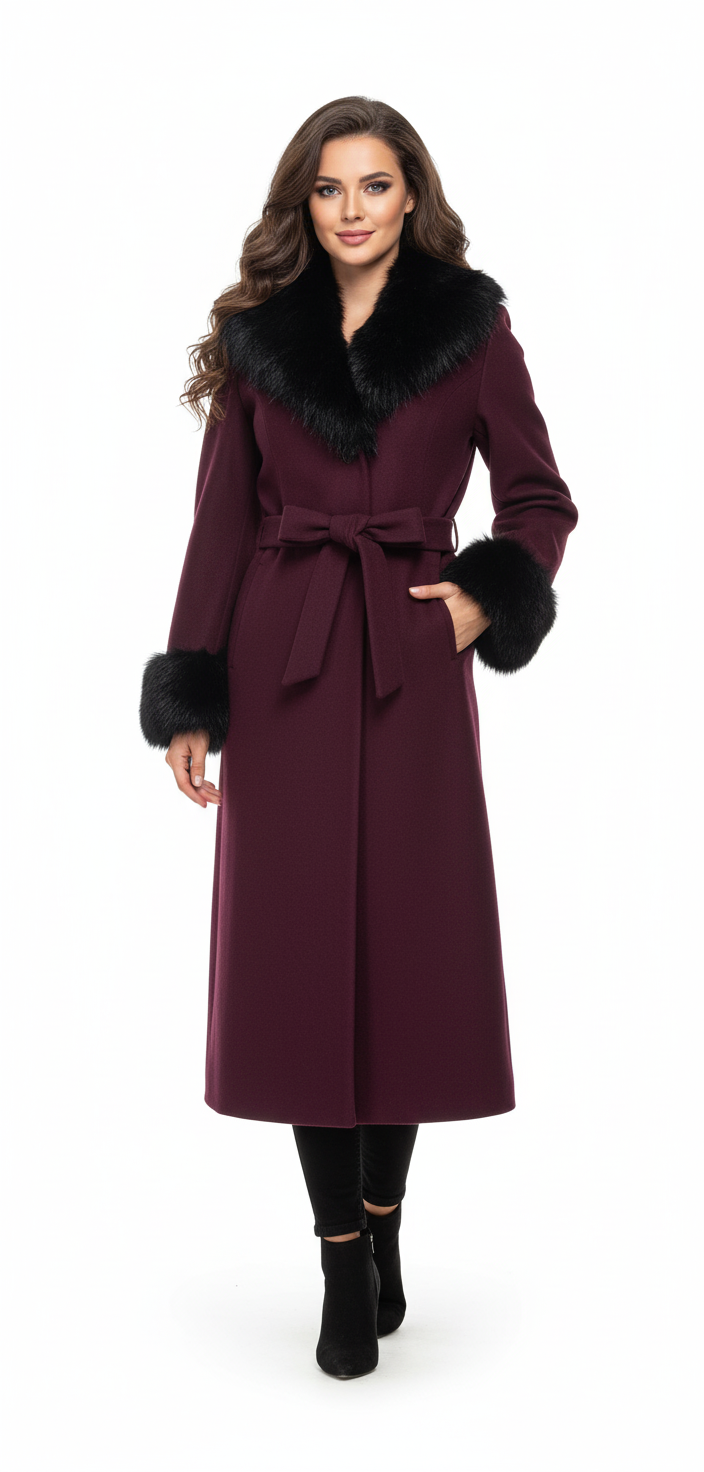 Elegant Faux Fur Trim Coat | Belted Long Winter Jacket