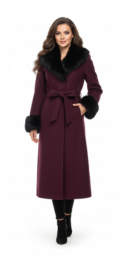 Elegant Faux Fur Trim Coat | Belted Long Winter Jacket