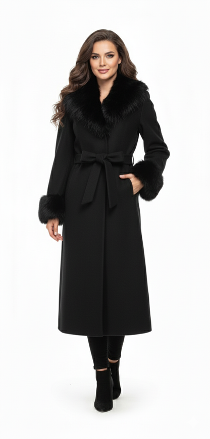 Elegant Faux Fur Trim Coat | Belted Long Winter Jacket