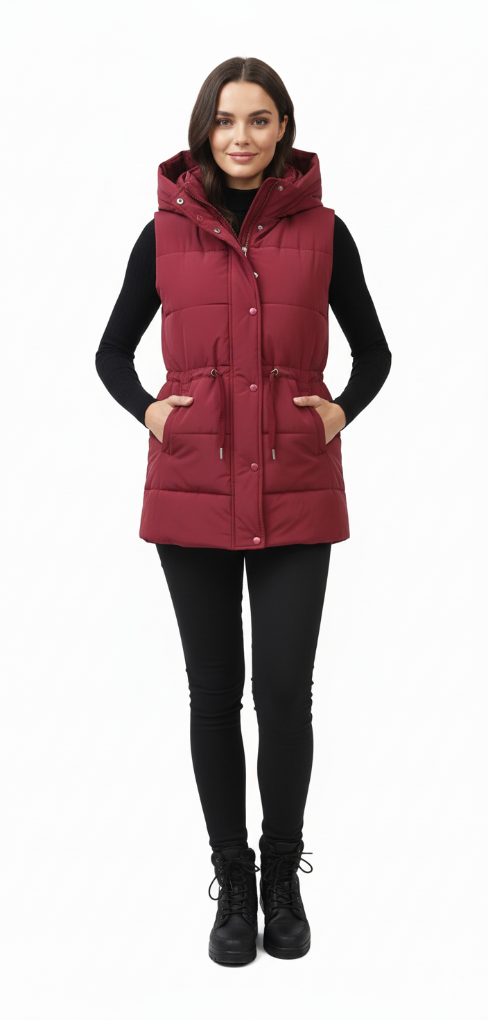 Women's Quilted Hooded Puffer Vest | Drawstring Waist