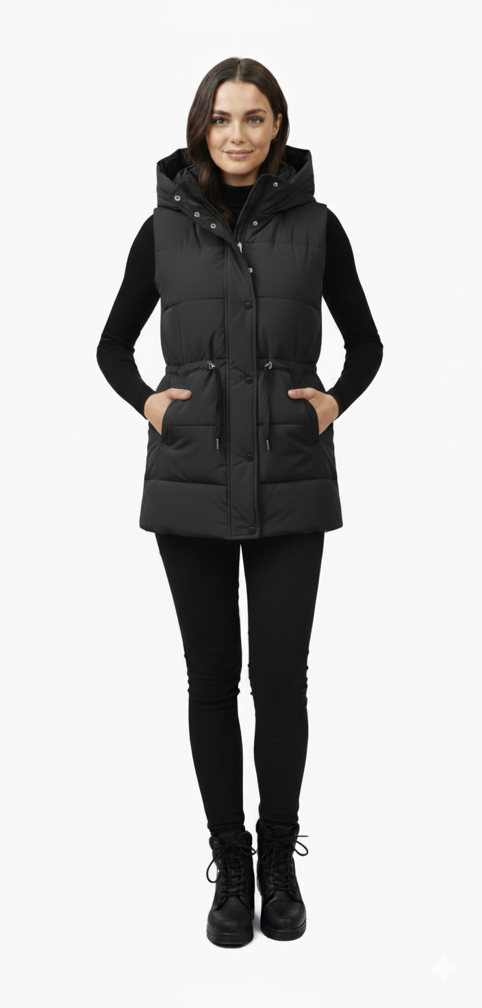 Women's Quilted Hooded Puffer Vest | Drawstring Waist