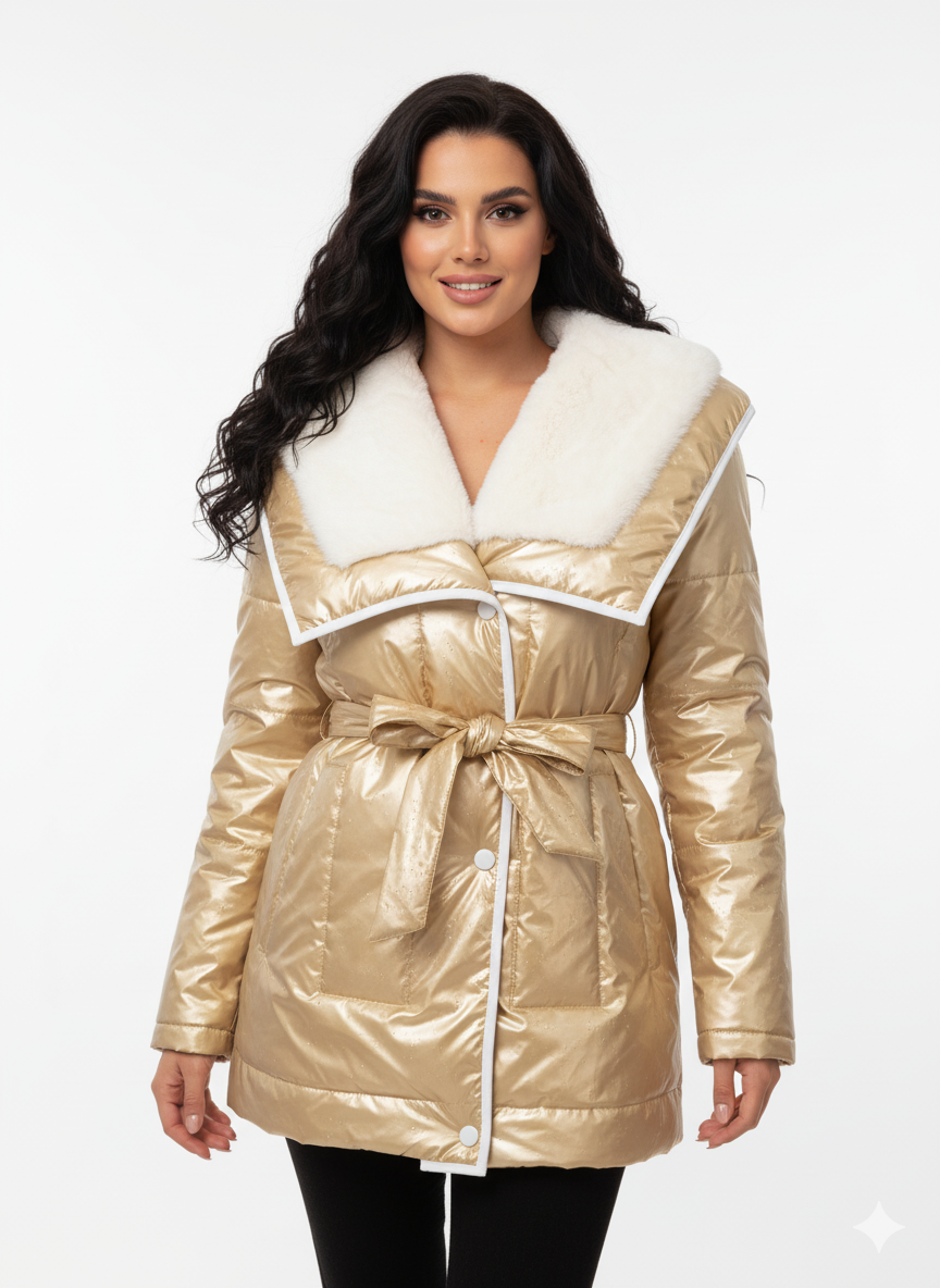 Luxe Wet Look Puffer Jacket | Faux Fur Collar & Belted