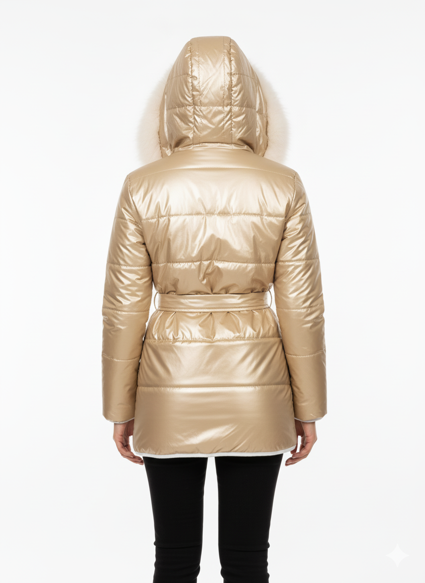 Luxe Wet Look Puffer Jacket | Faux Fur Collar & Belted