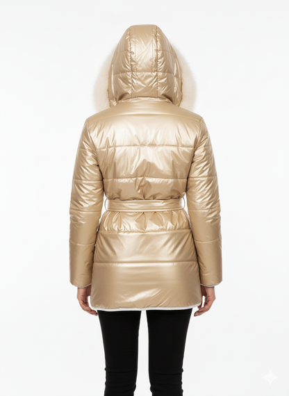 Luxe Wet Look Puffer Jacket | Faux Fur Collar & Belted