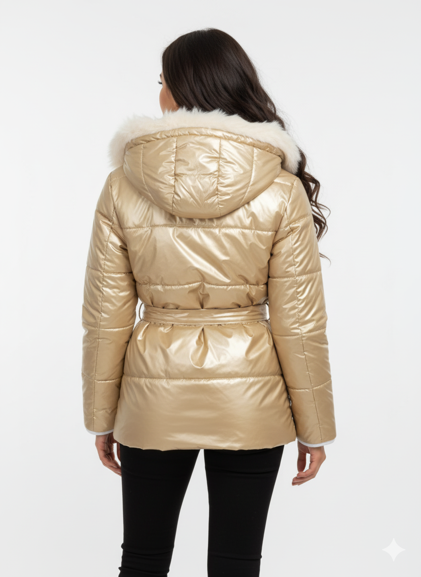 Luxe Wet Look Puffer Jacket | Faux Fur Collar & Belted