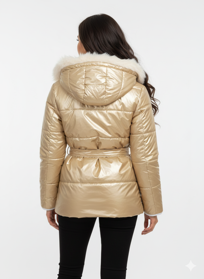 Luxe Wet Look Puffer Jacket | Faux Fur Collar & Belted