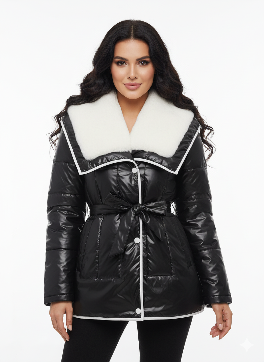 Luxe Wet Look Puffer Jacket | Faux Fur Collar & Belted