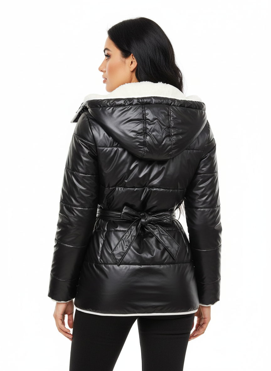 Luxe Wet Look Puffer Jacket | Faux Fur Collar & Belted