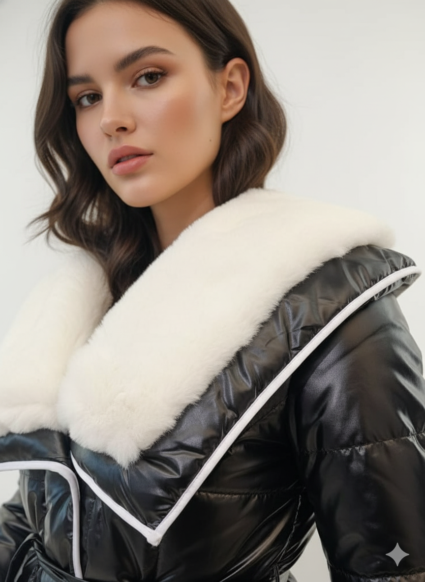 Luxe Wet Look Puffer Jacket | Faux Fur Collar & Belted