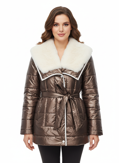 Luxe Wet Look Puffer Jacket | Faux Fur Collar & Belted