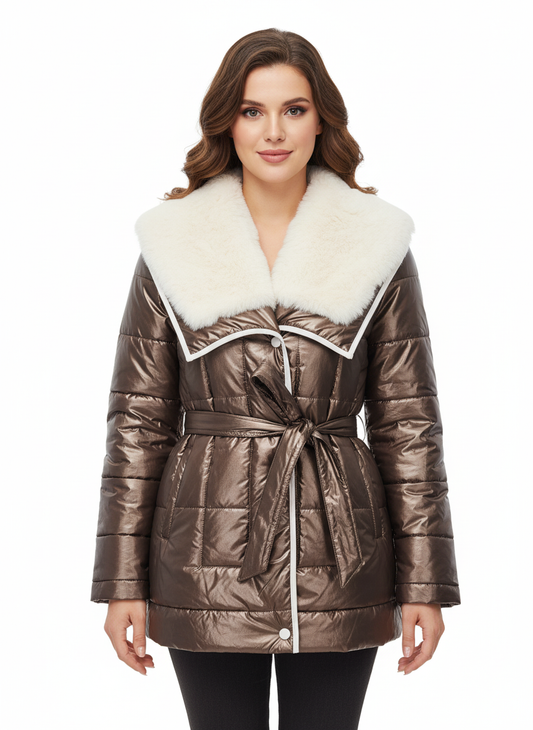 Luxe Wet Look Puffer Jacket | Faux Fur Collar & Belted