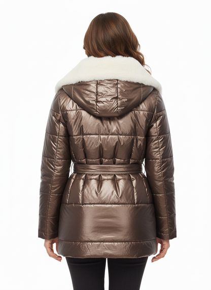 Luxe Wet Look Puffer Jacket | Faux Fur Collar & Belted