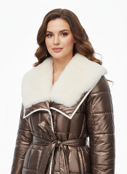 Luxe Wet Look Puffer Jacket | Faux Fur Collar & Belted