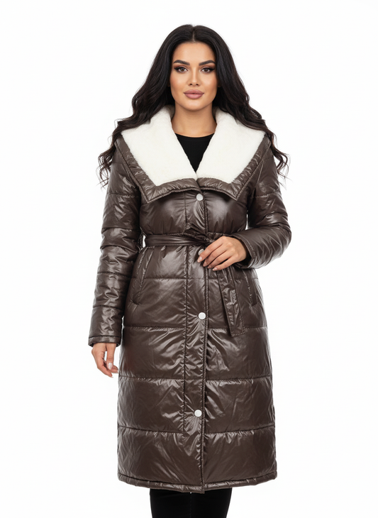 Long Belted Puffer Coat | Faux Fur Collar & Hooded