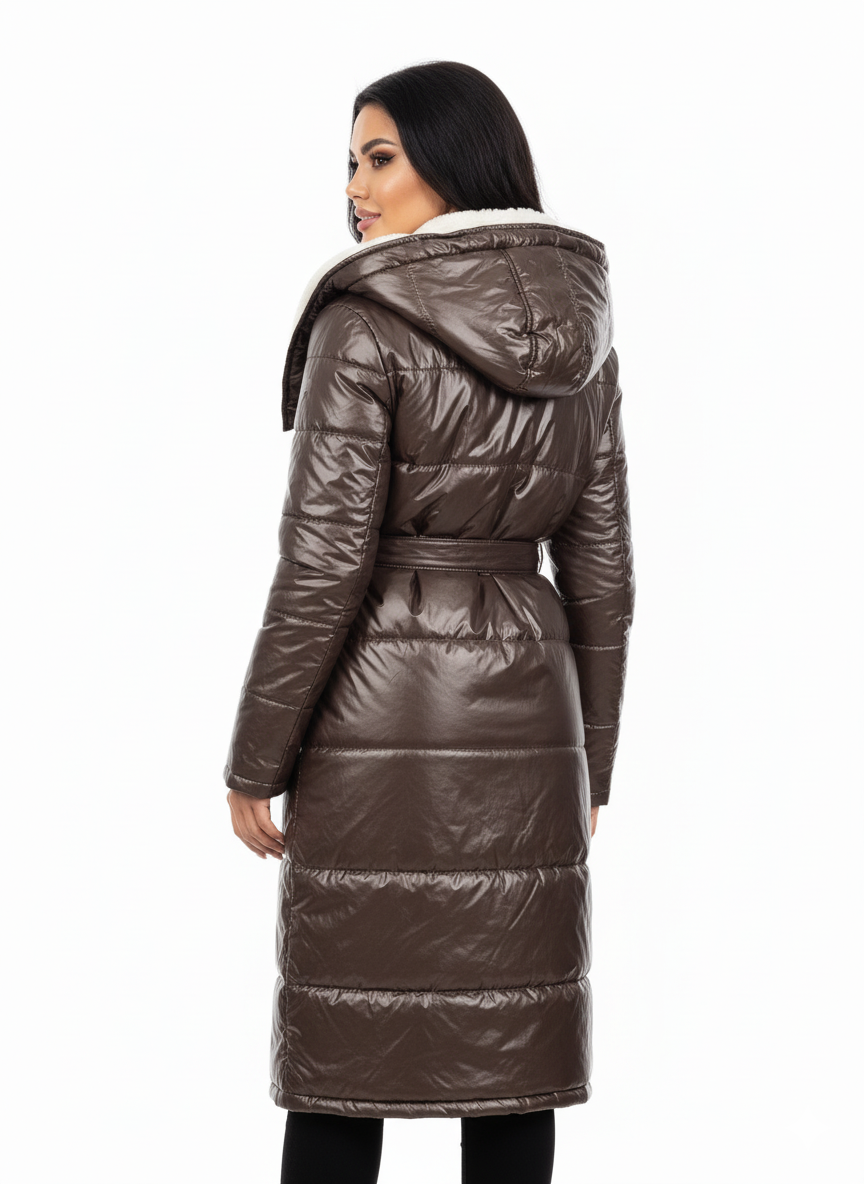 Long Belted Puffer Coat | Faux Fur Collar & Hooded