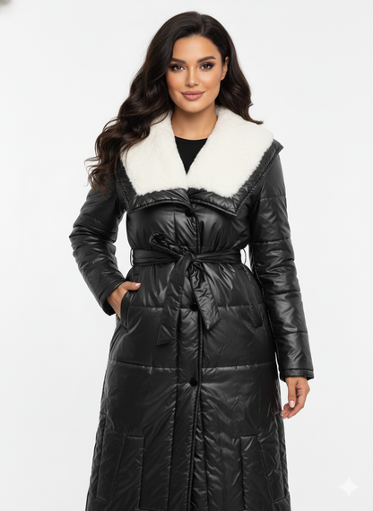 Long Belted Puffer Coat | Faux Fur Collar & Hooded