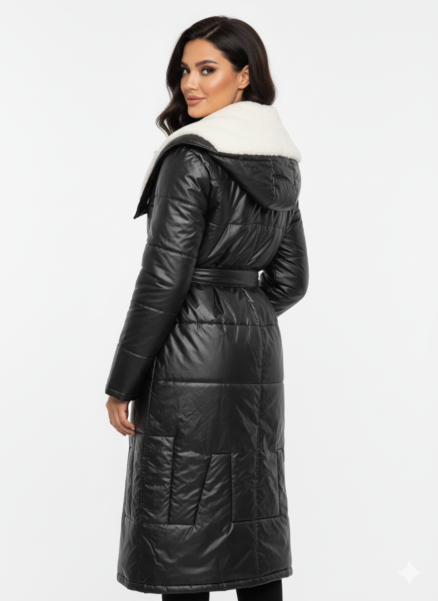 Long Belted Puffer Coat | Faux Fur Collar & Hooded