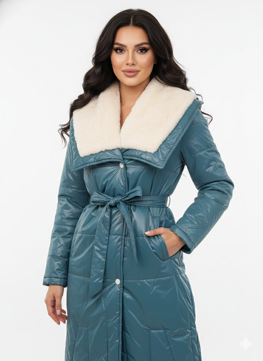 Long Belted Puffer Coat | Faux Fur Collar & Hooded