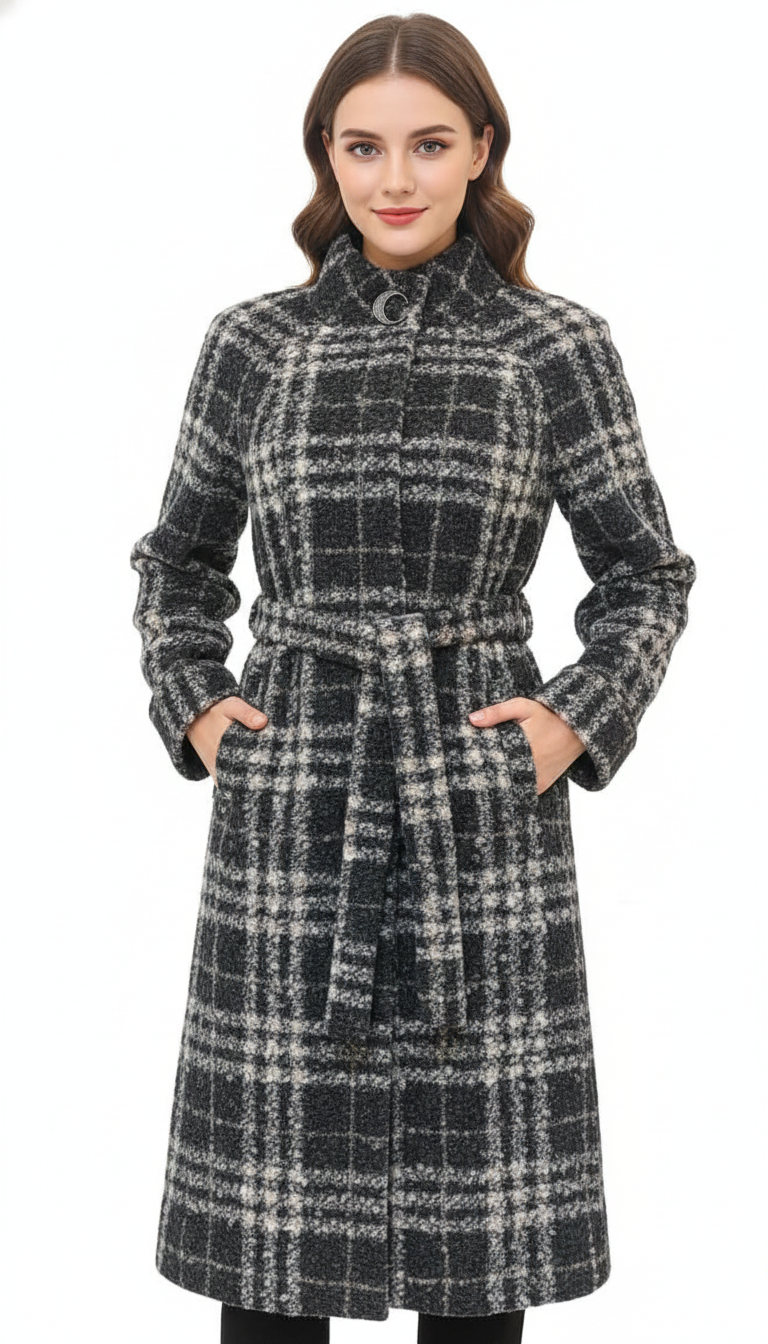 Women’s Long Plaid Wool-Blend Coat with Belt | Elegant Winter Overcoat