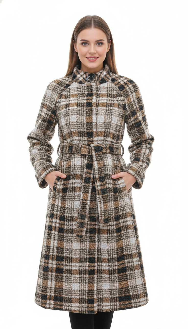 Women’s Long Plaid Wool-Blend Coat with Belt | Elegant Winter Overcoat