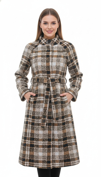 Women’s Long Plaid Wool-Blend Coat with Belt | Elegant Winter Overcoat