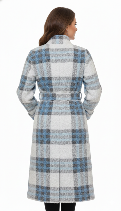 Women’s Long Plaid Wool-Blend Coat with Belt | Elegant Winter Overcoat