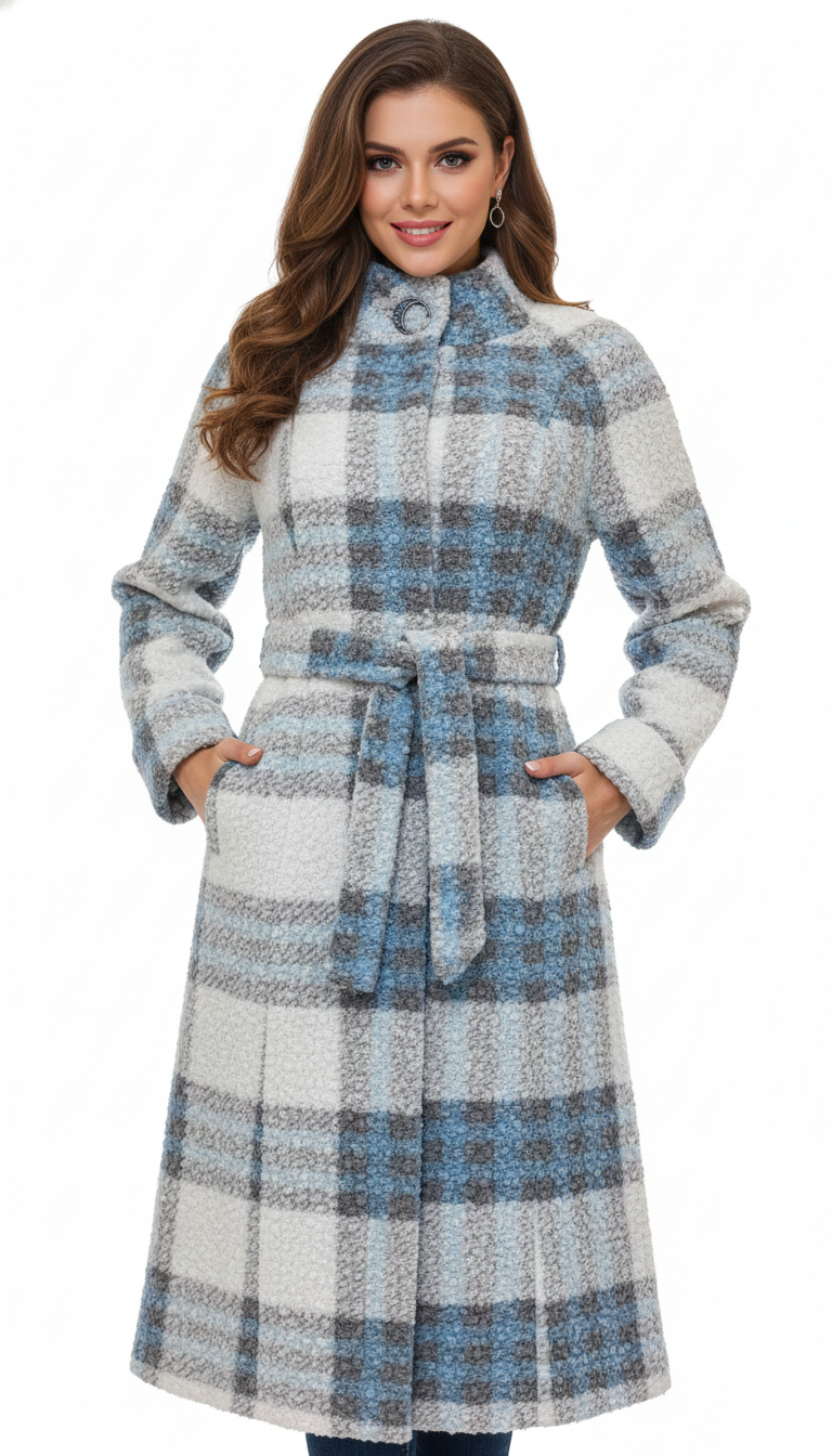 Women’s Long Plaid Wool-Blend Coat with Belt | Elegant Winter Overcoat