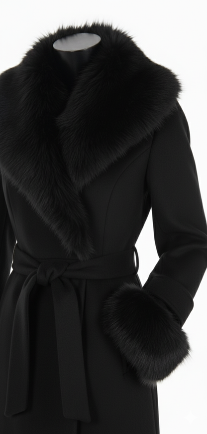 Elegant Faux Fur Trim Coat | Belted Long Winter Jacket
